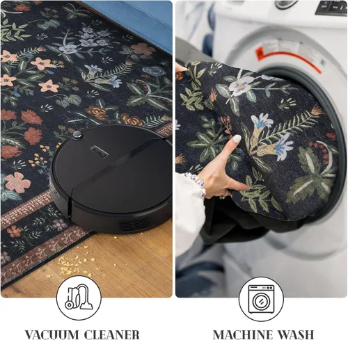 Vista 5 de Lansny Alfombra bohemia de 2 x 3 pulgadas, lavable, color negro, azul marino, floral, alfombra de cocina, alfombra de área pequeña de lana