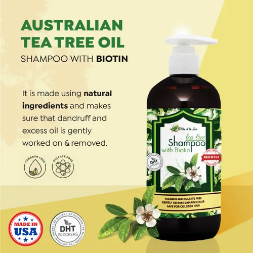 Vista 4 de Champú de aceite de árbol de té con biotina (16.9 onzas líquidas) Fórmula profesional para caspa, picazón y cuero cabelludo seco Hidratante