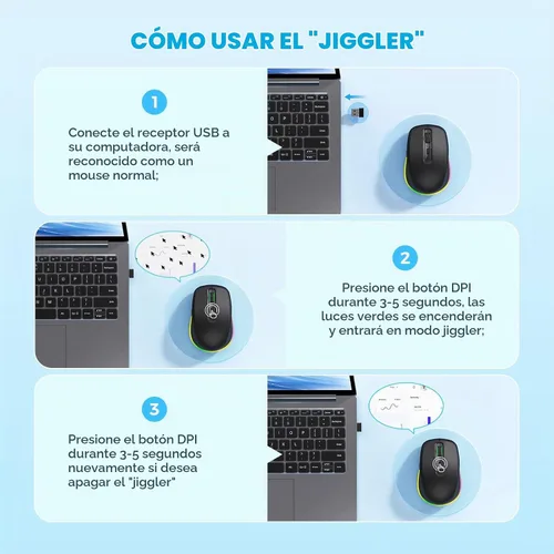 Vista 2 de PEIOUS Ratón Inalámbrico Jiggler – Ratones Inalámbricos LED con Jiggler Mover Integrado, Ratón Móvil Recargable para Computadora con Movimiento Negro