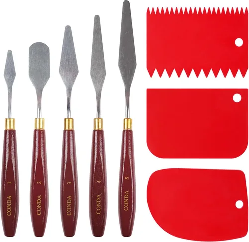 Vista 11 de CONDA Cuchillo de paleta para pintura de acero inoxidable, espátula, cuchillo de paleta de pintura al óleo, cuchillos de metal, mango de madera
