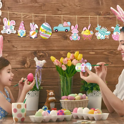 Vista 3 de Chunful 30 adornos de Pascua para árbol, feliz Pascua, adornos colgantes de madera, huevos de primavera pastel, zanahoria, conejo, cesta de árbol