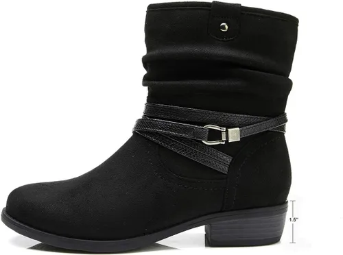 Vista 2 de VJH confort Botas de media pantorrilla para mujer, puntera redonda, tacón bajo, cómodo, holgado, con correa de hebilla y cremallera lateral