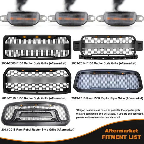 Vista 5 de Boigoo Luces de rejilla delanteras compatibles para Ford F-150 Raptor 2004-2019 y Dodge Ram 1500 2013-2018, rejilla de posventa, rejilla decorativa