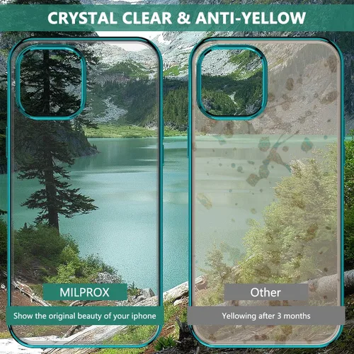 Vista 6 de MILPROX Compatible con iPhone 12 Pro Max (2020), transparente, a prueba de golpes, con borde galvanizado, fundas anti-amarillas, verde pino