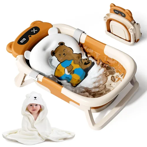 Vista 12 de Bañera para bebé, bañera plegable para recién nacidos a niños pequeños (0-18 meses), bañera plegable para viajar con termómetro, cojín suave, azul