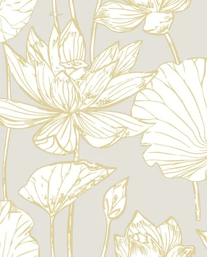 Vista 11 de NextWall - Papel tapiz para pared, diseño de loto floral (Oro metálico y crema)