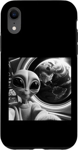 Vista 8 de iPhone 14 lindo alienígena divertido negro y blanco selfie UFO Earth caso