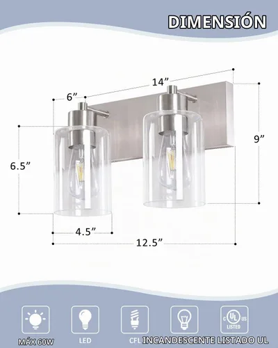 Vista 9 de Lámparas de baño, lámpara de tocador de 2 luces de níquel cepillado, apliques de pared modernos con pantalla de vidrio transparente para pasillo