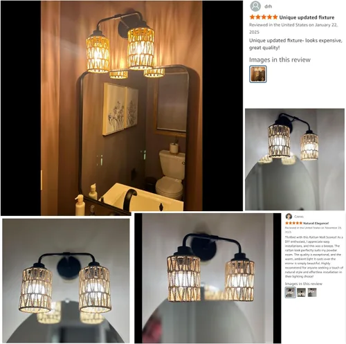 Vista 9 de Lámparas de baño bohemias, luces rústicas de tocador de 2 luces sobre el espejo, iluminación de ratán de granja con persianas tejidas a mano