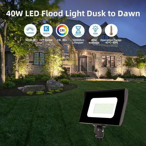 Vista 2 de Luces de inundación LED para exteriores, 40 W con nudillos, luz de seguridad IP65 de 4400 lm con fotocélula del atardecer al amanecer, reflectores