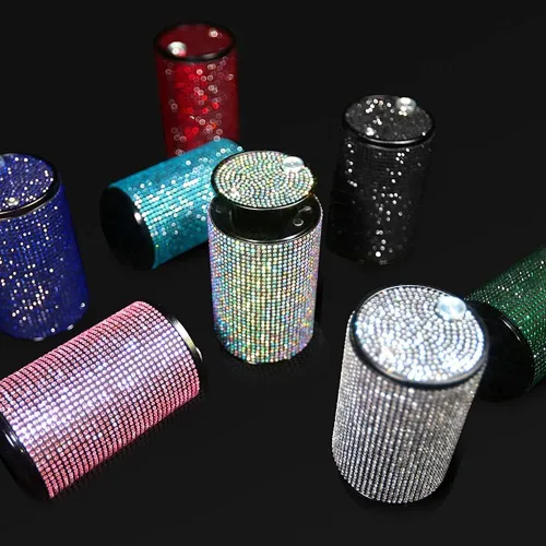 Vista 5 de Cenicero portátil con tapa, a prueba de olores, cenicero de automóvil de diamantes de cristal para mujeres, mini bote de basura ideal para Negro