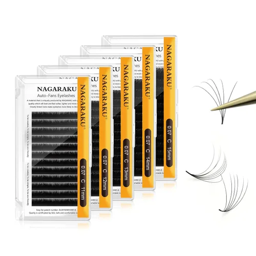 Vista 48 de NAGARAKU Easy Fan - Extensiones de pestañas prefabricadas en abanico de 3 capas, pestañas autoflorecientes de mega volumen, pestañas automáticas