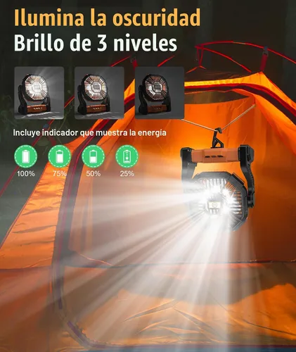Vista 6 de Ventilador de camping recargable portátil - Ventiladores de batería con luz LED, silencioso de 20000 mAh, ventiladores de escritorio de 4