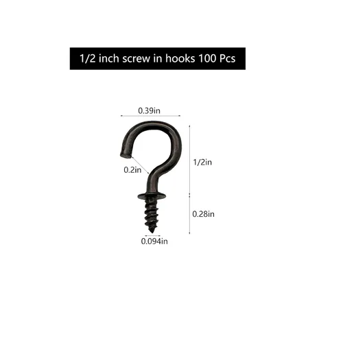Vista 2 de 100 ganchos de tornillo pequeños de 1/2 pulgada, ganchos de joyería para techo, gancho de cadena de luces, color negro