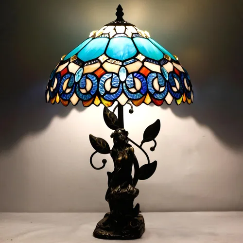 Vista 7 de Tiffany - Lámpara de mesa con vitrales, 12 x 12 x 18.5 pulgadas, escultura de resina, luz de lectura antigua (joyería azul barroco) Escultura