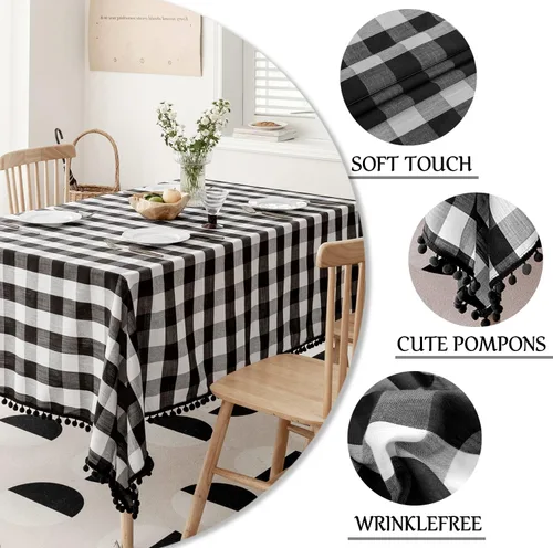 Vista 3 de Jubilantex - Mantel cuadrado de cuadros de búfalo blanco y negro con borlas, textura de lino rústico, mantel de estilo granja para mesa de cocina