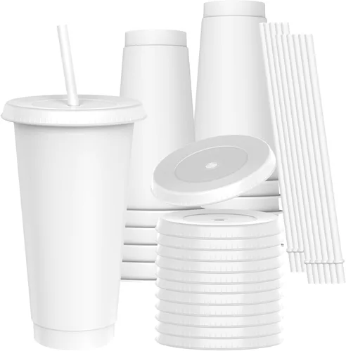 Vista 14 de Vasos de plástico de 24 onzas con tapas y pitillos, tazas de café helado resistentes y seguras para alimentos con tapa, vaso de plástico Negro