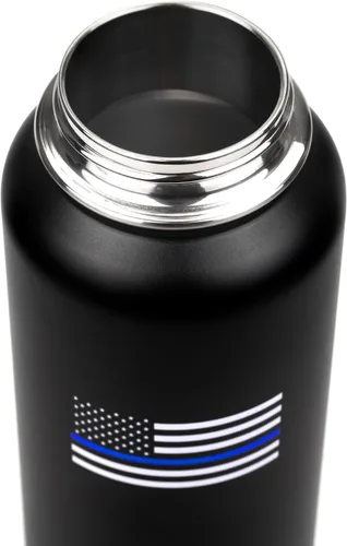 Vista 5 de Botella de agua aislada, negro, acero inoxidable, 32 onzas, diseño de bandera estadounidense de línea azul fina, boca ancha