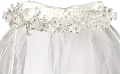 Vista 3 de Vela de comunión con flores de organza y diamantes de imitación.
