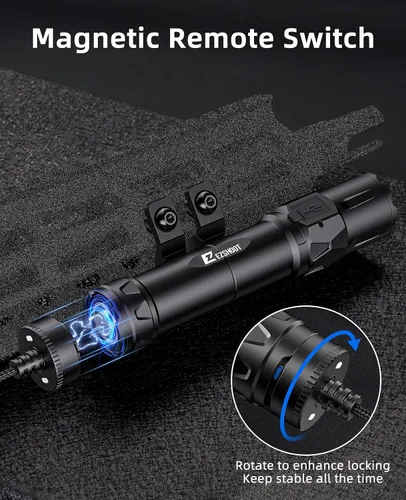 Vista 3 de EZshoot Luz de rifle de 2500 lúmenes compatible con M-Rail, luz Ar recargable con interruptor de presión remoto magnético, linterna táctica