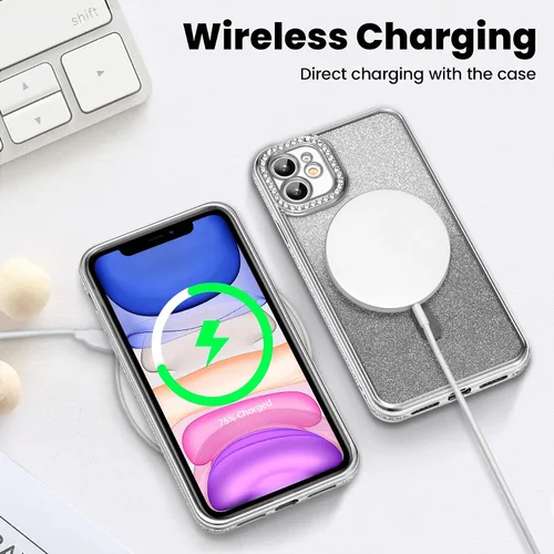 Vista 3 de ZCDAYE Funda con purpurina para iPhone 11 con decoración de diamantes, funda brillante de lujo con protector de cámara compatible con carga sin