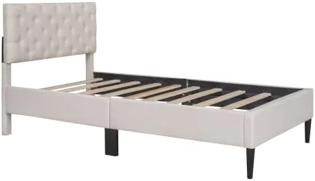 Vista 7 de Marco de cama de plataforma de tamaño individual, marco de cama tapizado de lino de diseño moderno con cabecera copetuda, cama de almacenamiento