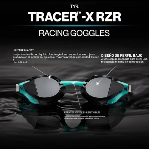 Vista 4 de TYR Tracer-X RZR Racing - Gafas de natación competitivas de perfil ultra bajo, antiniebla, visión periférica amplia Ultra-Low Profile Frame