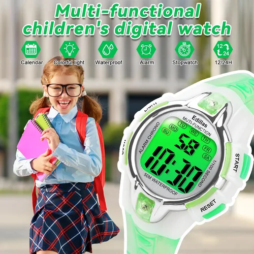 Vista 4 de Edillas Relojes digitales para niñas y niños, reloj de pulsera de 7 colores para niños, impermeable, deportivo, al aire libre, multifuncional