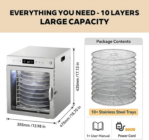 Vista 6 de Electric Food Dehydrator Multi Tray Dehydrator, Stainless Steel Rotary Food Dryer with Touch Panel, 10/12/16 Tray Design, Adjustable Temperature
