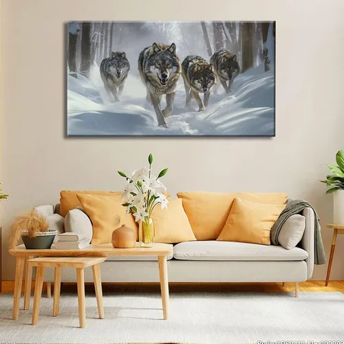 Vista 4 de YONICA Lienzo decorativo para pared, diseño de lobos corriendo en la nieve, mirando a lo lejos, alta definición, giclée, listo para colgar, adecuado