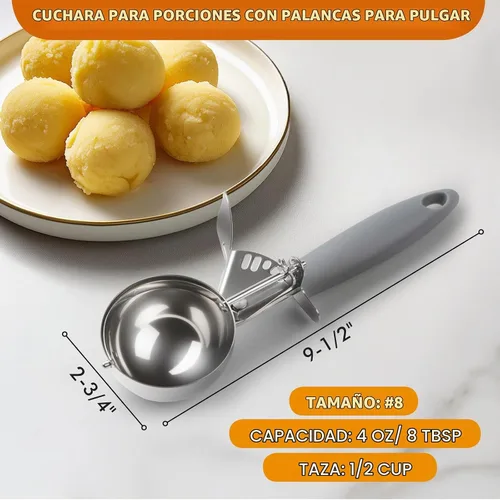 Vista 2 de JUNADAEL J Cuchara grande de 4 onzas para helado con gatillo, plato, tamaño #8 (1/2 taza), cuchara para magdalenas, mango gris, para galletas