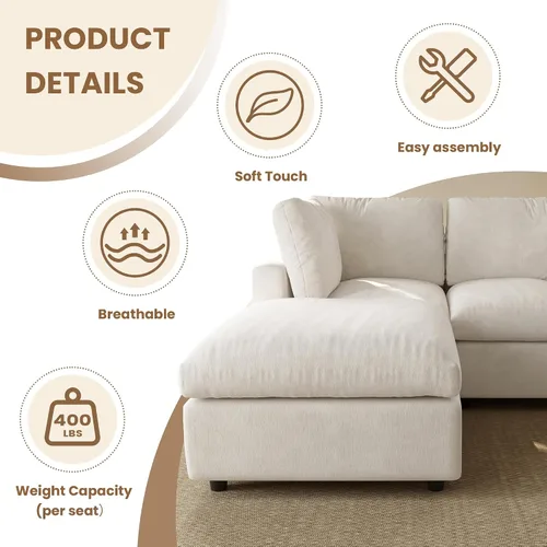 Vista 6 de Sofá modular de nube seccional, moderno sofá en forma de L con otomana, 100 pulgadas, 3 plazas de felpilla para asiento profundo para sala de estar