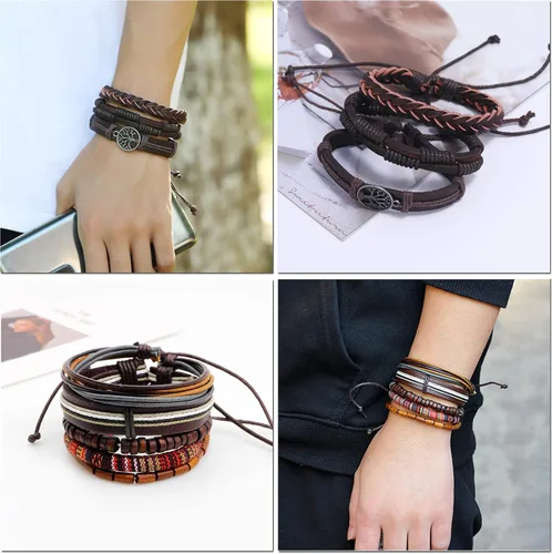Vista 6 de MOZAKA 36 pulseras de cuero trenzado para hombres y mujeres, hechas a mano, pulseras de cuentas de madera, pulseras étnicas tribales vintage, juego