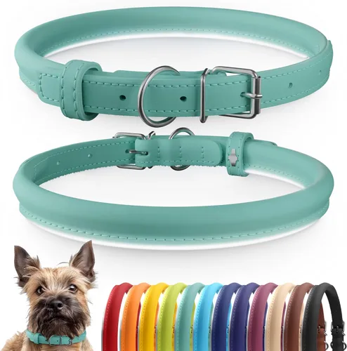 Vista 65 de CollarDirect - Collar de cuero enrollado para perro, collar redondo acolchado suave para cachorro, collar de cuero auténtico hecho a mano