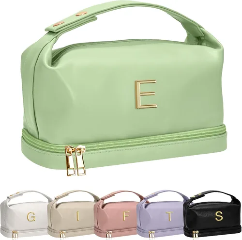 Vista 102 de Bolsa de maquillaje con asa, bolsa de cosméticos impermeable de doble capa, bolsas de maquillaje de cuero PU de gran capacidad con letra, bolsa