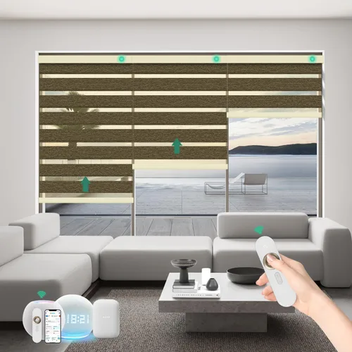 Vista 21 de Persianas motorizadas de cebra con control remoto, funcionan con HomeKit Alexa, cortinas eléctricas automáticas para ventanas, 60% opacas, filtro