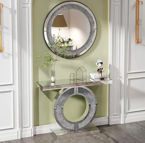 Vista 10 de SSLine Mesa de consola negra con espejo para sala de estar, mesa de entrada moderna de espejo de 43 pulgadas con base de cristal en forma de O