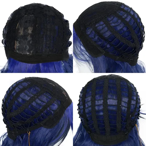 Vista 6 de ANOGOL Gorro de pelo + peluca larga azul oscuro ombré, juego ondulado, colorido escenario cosplay, peluca para mujeres y niñas, peluca sintética