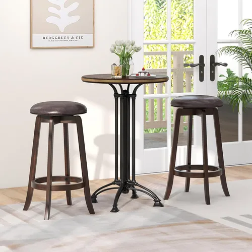 Vista 2 de COSTWAY Juego de 2 taburetes de bar giratorios de 29 pulgadas, taburetes de bar tapizados con asiento de piel sintética y patas de madera de goma