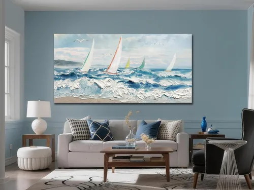 Vista 3 de Enartly Arte de pared texturizado 3D con ondas oceánicas para sala de estar, paisaje marino azul, velero, lienzo, pintura costera, obra de arte