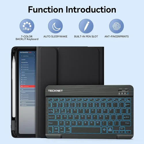 Vista 3 de TECKNET Funda para iPad A16 de 11ª/10ª generación con teclado, retroiluminación de 7 colores, funda de teclado Bluetooth inalámbrica desmontable