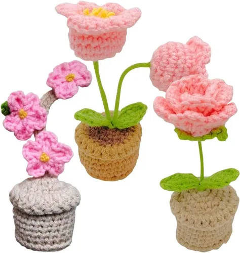 Vista 11 de JOONOR 3 mini plantas de ganchillo en maceta de girasol, flor de ciruelo falsa de punto para baño, hogar, cocina, mesa rústica, centro de mesa