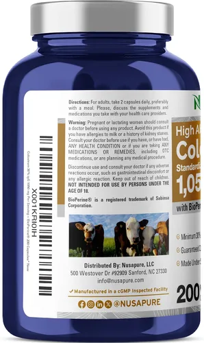 Vista 2 de NusaPure Calostro 1050 mg 30% IgG 200 cápsulas (sin OMG y sin gluten) con bioperina Dietary Supplement Formula, Colostrum, 30% IgG, BioPerine