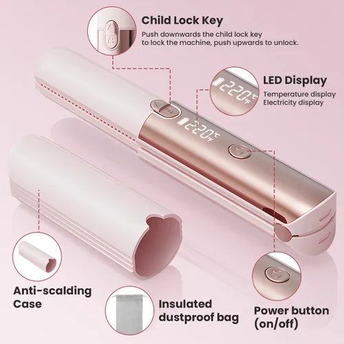 Vista 5 de CHIKYO Plancha de pelo inalámbrica 2 en 1, rizador portátil sobre la marcha, banco de energía portátil, 7 temperaturas, pantalla LED, mini plancha