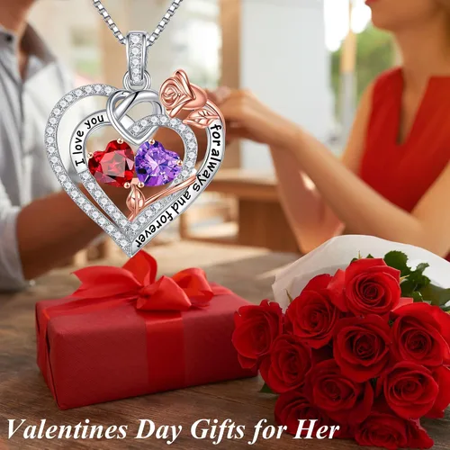 Vista 2 de Iefil Regalos para el día de San Valentín Collar de plata de ley con piedra natal de corazón rosa, regalo de aniversario de cumpleaños