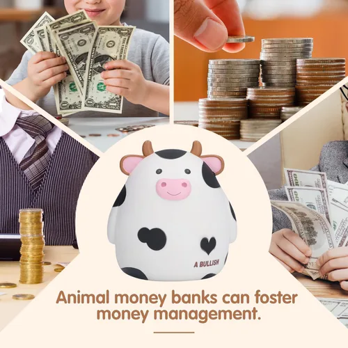 Vista 5 de H&W Alcancía de vaca, tamaño L, caja de monedas irrompible para niños, lindo banco de dinero de animales para cumpleaños para niños y niñas, cajas