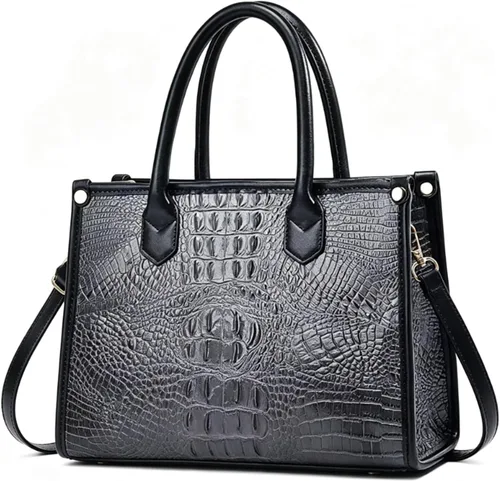 Vista 4 de Bolso y monedero para mujer, 3 piezas, con patrón de cocodrilo, cartera de embrague, tarjetero Gris