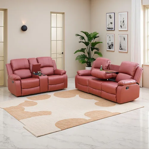Vista 13 de Juego de sala de Estar reclinable de 3 piezas, juego de sofá reclinable Manual para conjunto de muebles de sala de Estar, con consola de Rojo