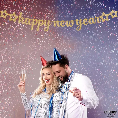 Vista 7 de KatchOn, Cartel dorado de feliz año nuevo – 10 pies, pre-encordado Cartel de feliz año nuevo con purpurina para decoraciones de Año Nuevo 2026