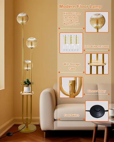 Vista 8 de Lightdot Lámpara de pie de vidrio de 63 pulgadas para sala de estar, lámparas altas modernas de pie regulables con pantalla de vidrio transparente
